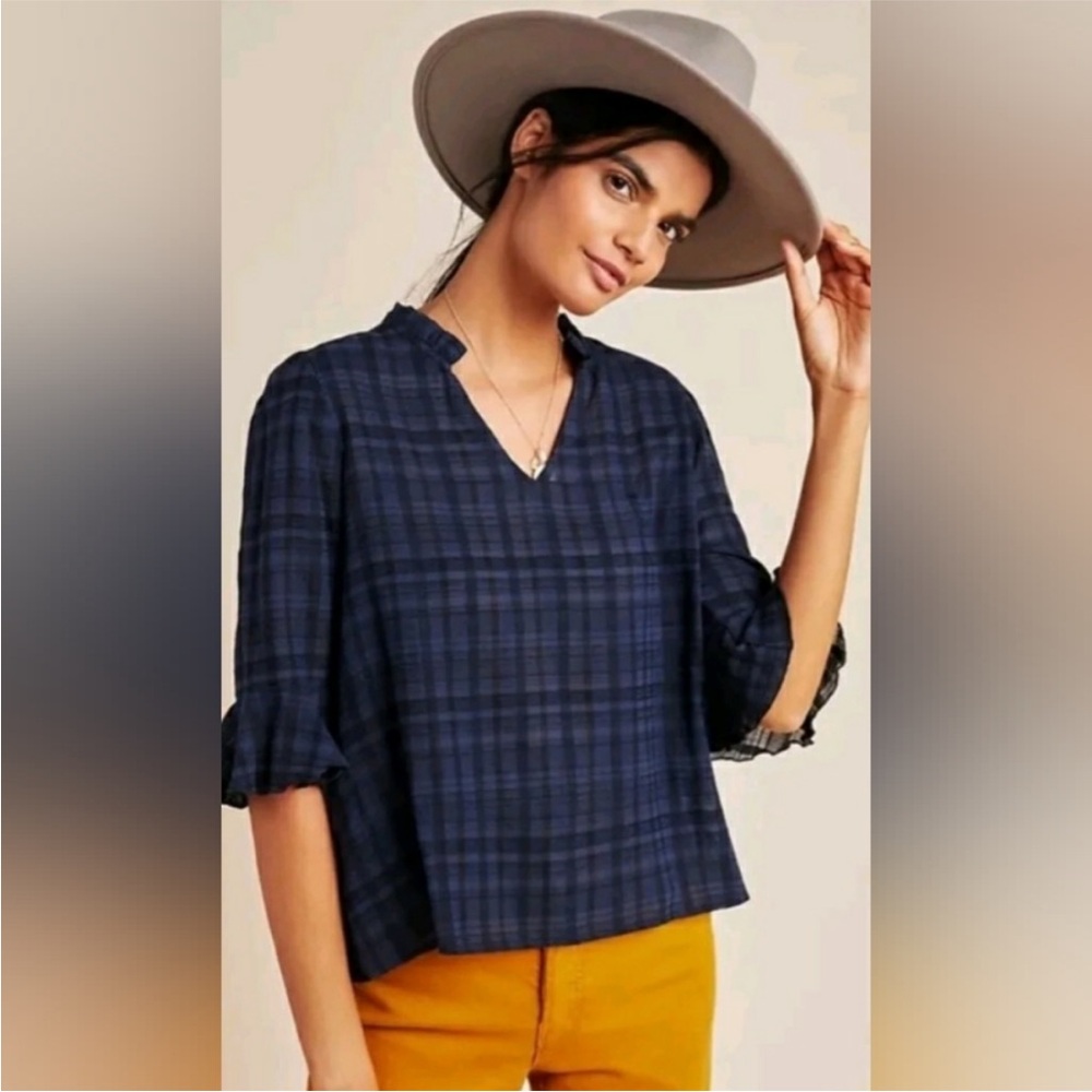 Anthropologie Dolan Left Coast Tandy Ruffle Plaid Print Ruffle Blouse Top XL